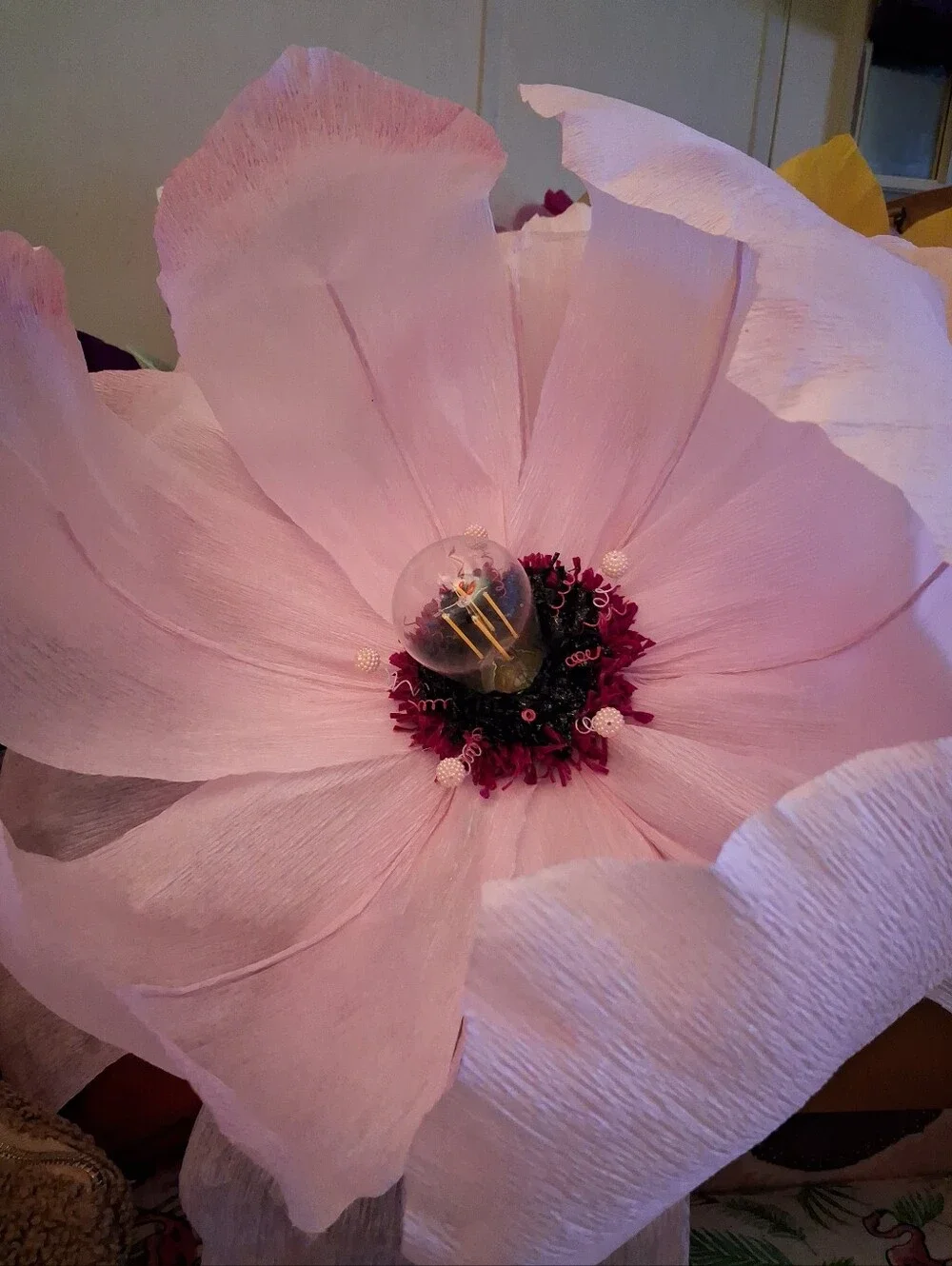 Handcrafted Giant Pink Italian Crepe Paper Flower Hanging Lamp, LED